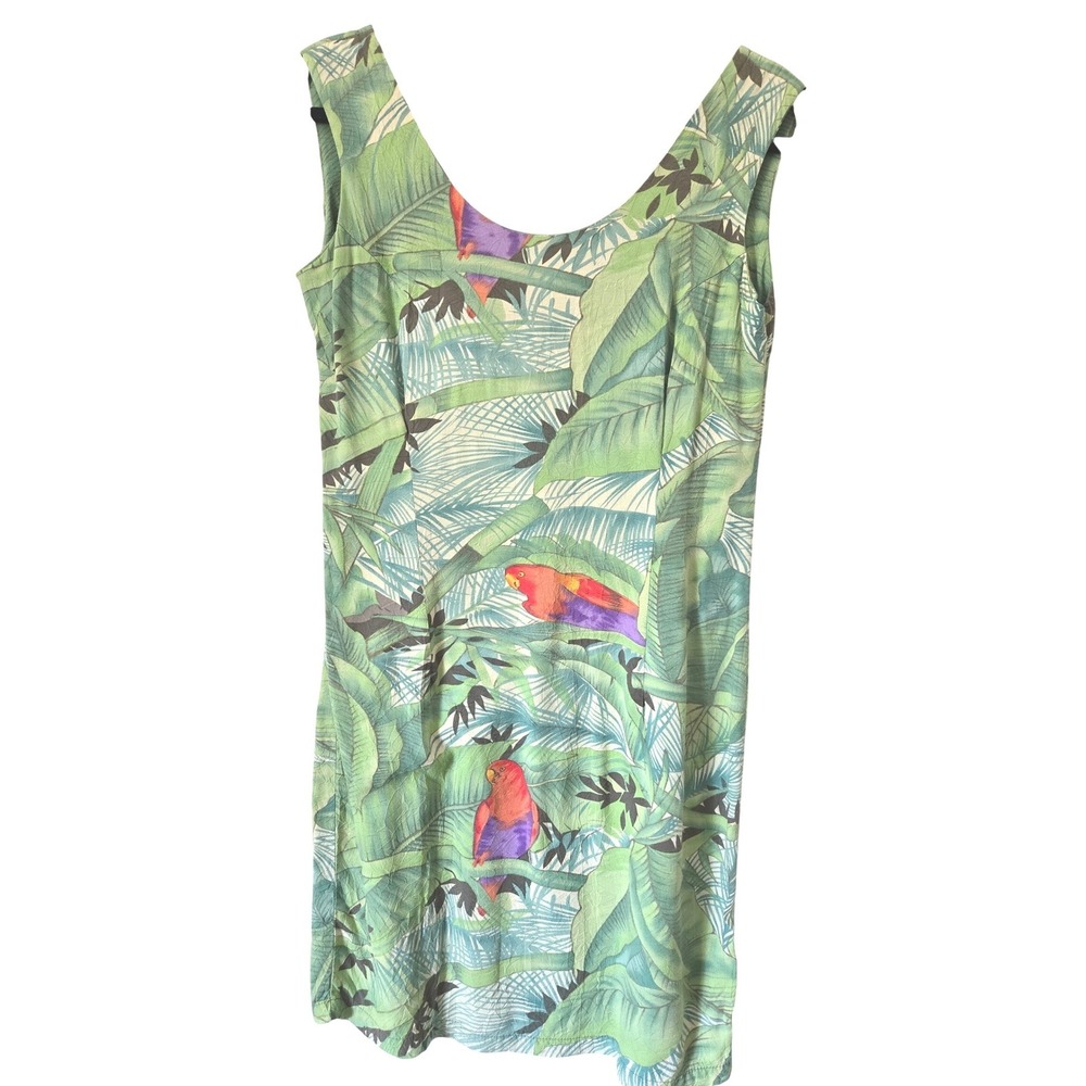 VINTAGE JAMS World Womens Green Tropical Palm Parrot Print Rayon‎ Shift Dress